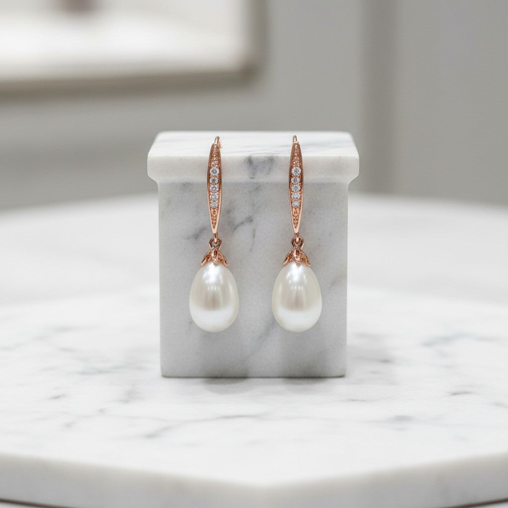 CUBIC ZIRCONIA COLLECTION - CHIC PEARL DROP EARRINGS - CZER392 (ROSE GOLD)