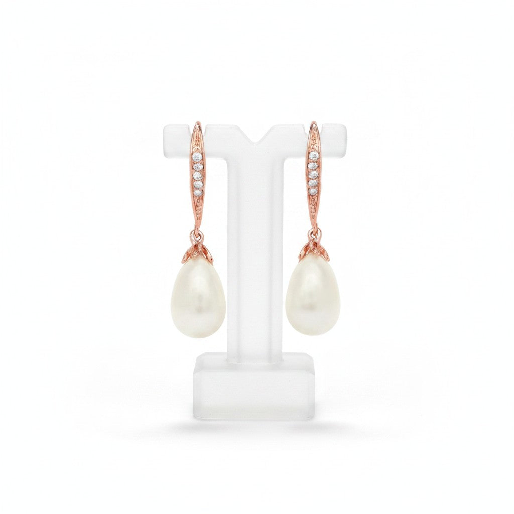 CUBIC ZIRCONIA COLLECTION - CHIC PEARL DROP EARRINGS - CZER392 (ROSE GOLD)