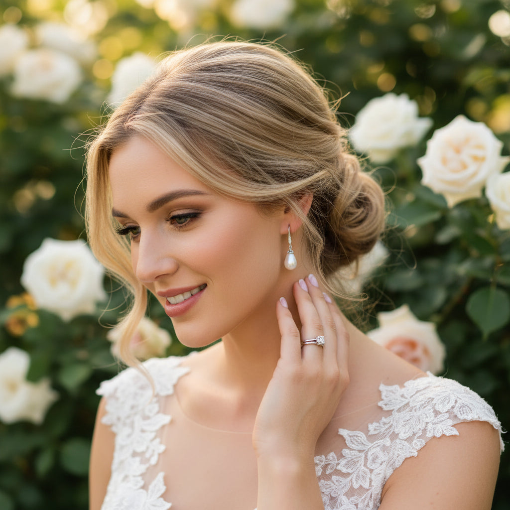 CUBIC ZIRCONIA COLLECTION - CHIC PEARL DROP EARRINGS - CZER392 (ROSE GOLD)