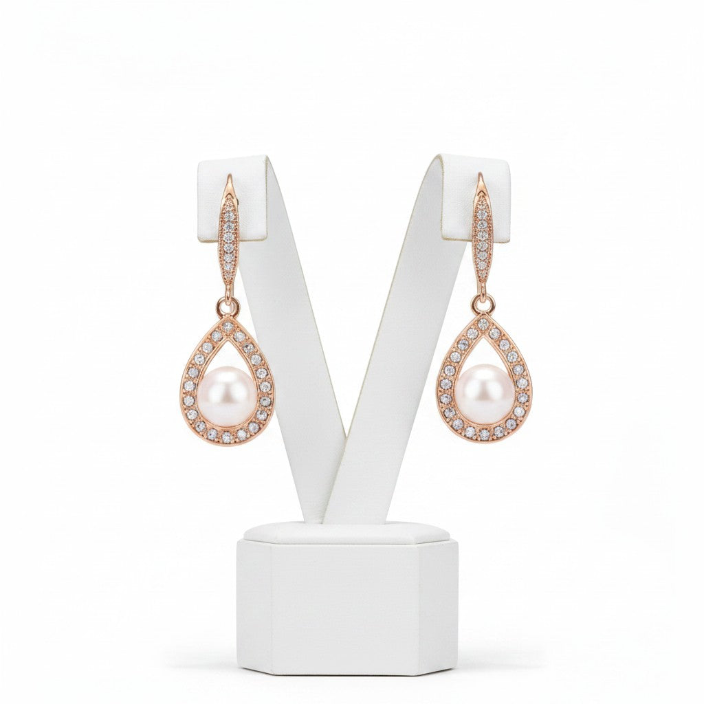 CUBIC ZIRCONIA EARRINGS - PRECIOUS PEARL EARRINGS  -CZER306 ROSE GOLD