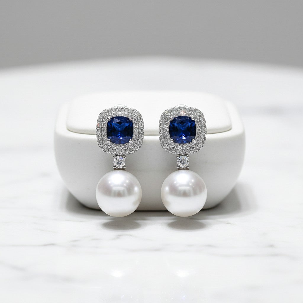 CUBIC ZIRCONIA COLLECTION - VINTAGE PEARL EARRINGS - SAPPHIRE - CZER844