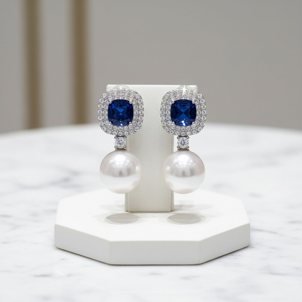 CUBIC ZIRCONIA COLLECTION - VINTAGE PEARL EARRINGS - SAPPHIRE - CZER844