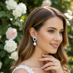 CUBIC ZIRCONIA COLLECTION - VINTAGE PEARL EARRINGS - SAPPHIRE - CZER844