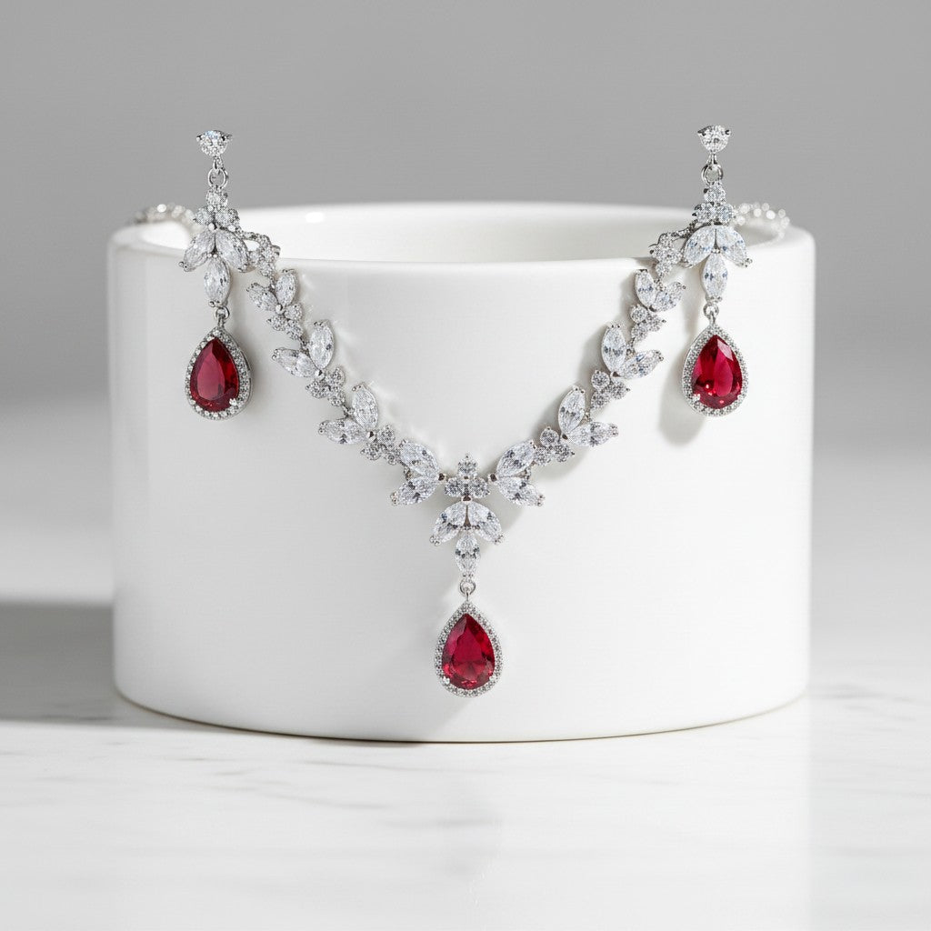 CUBIC ZIRCONIA COLLECTION - CRYSTAL SHIMMER NECKLACE - CZNK222 RED