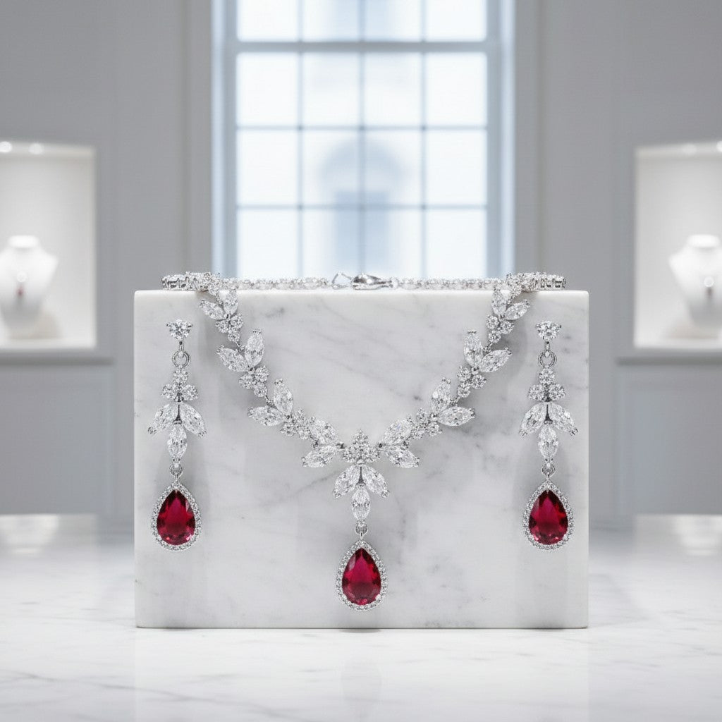 CUBIC ZIRCONIA COLLECTION - CRYSTAL SHIMMER NECKLACE - CZNK222 RED