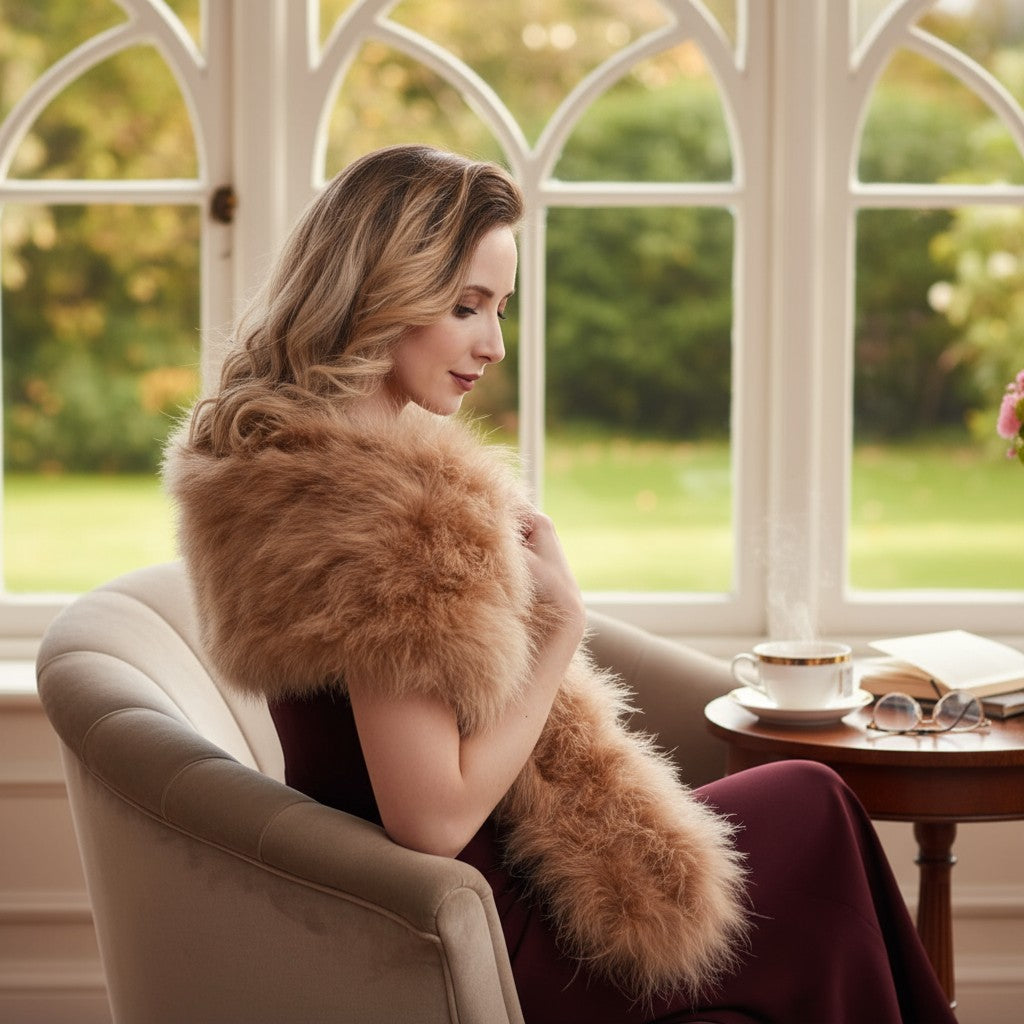 VINTAGE INSPIRED MARABOU FEATHER STOLE - CARAMEL (SG1)
