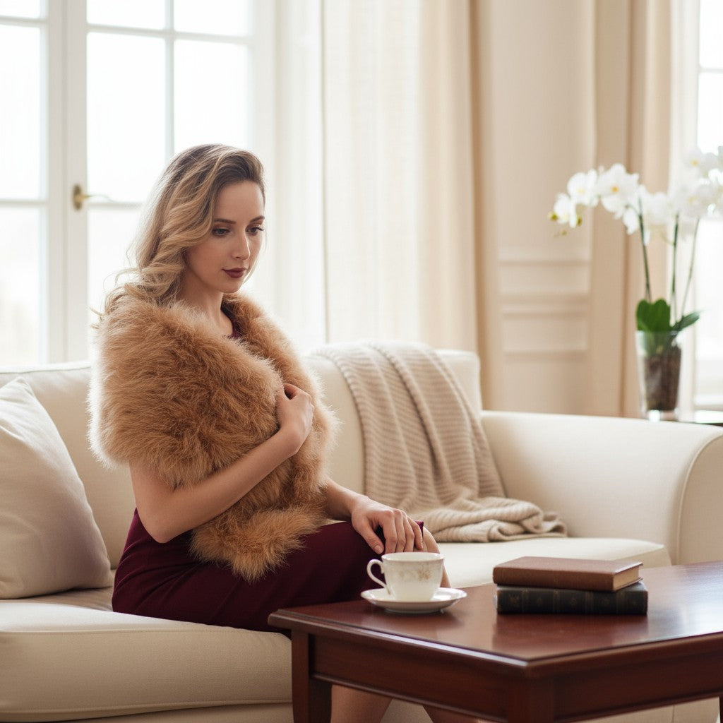 VINTAGE INSPIRED MARABOU FEATHER STOLE - CARAMEL (SG1)