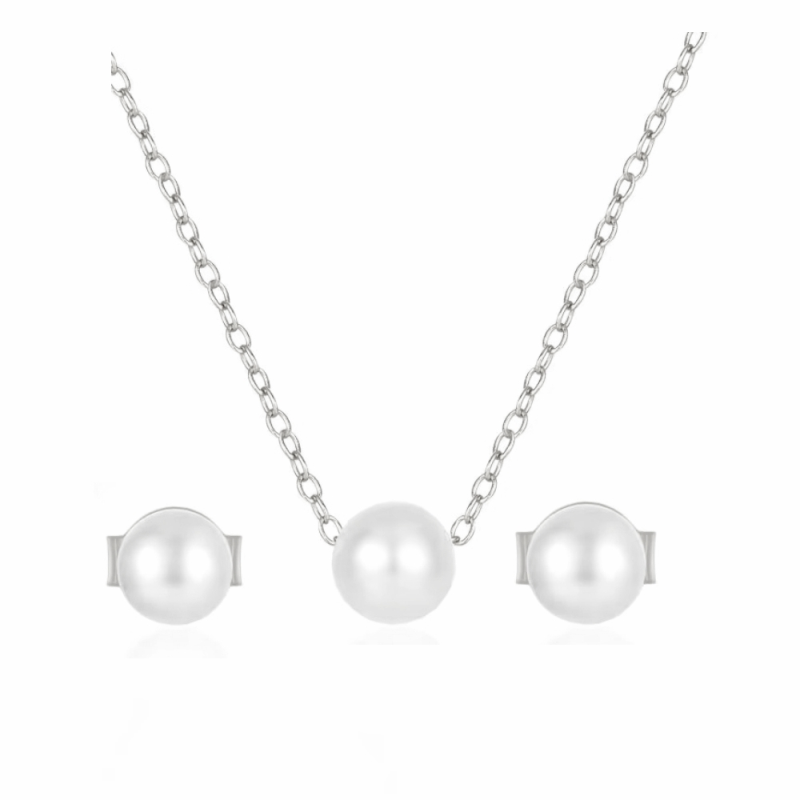 ATHENA COLLECTION - SIMULATED PEARL NECKLACE SET - CZNK261 SILVER