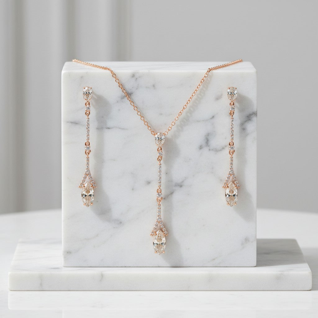 CUBIC ZIRCONIA COLLECTION - DAINTY SPARKLE NECKLACE SET - CZNK60 ROSE GOLD