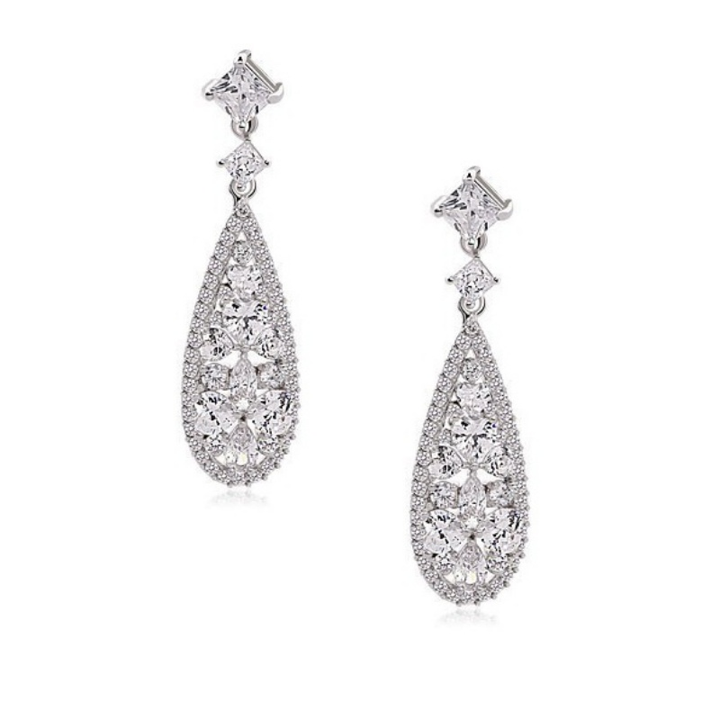 CUBIC ZIRCONIA COLLECTION - DAINTY CHANDELIER EARRINGS - SILVER - CZER409