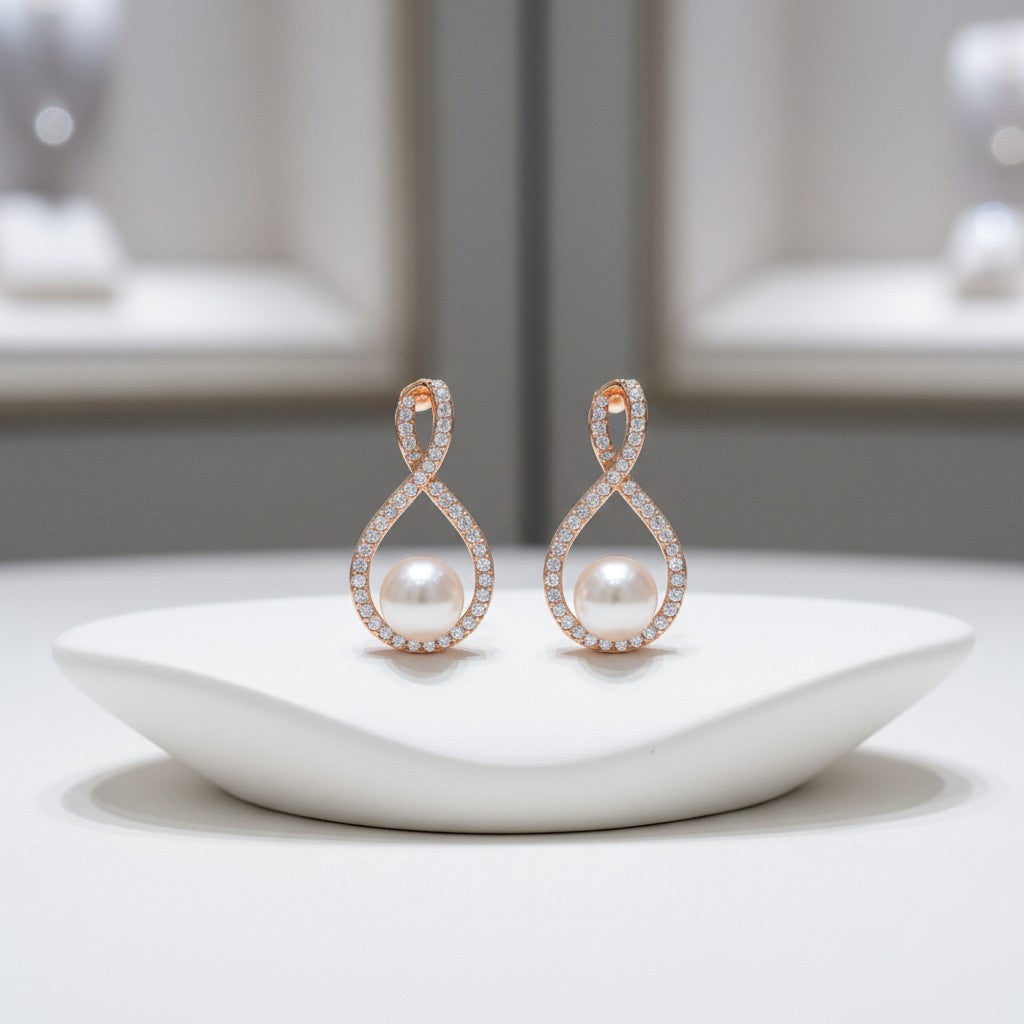 CUBIC ZIRCONIA COLLECTION - EXQUISITE PEARL EARRINGS (ER305) ROSE GOLD