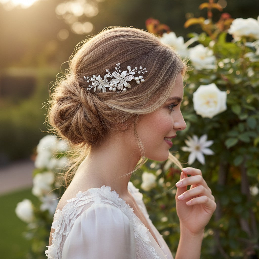 ATHENA COLLECTION - FLORAL ROMANCE HAIR COMB - (HC153) SILVER