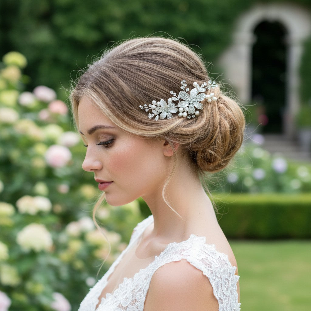 ATHENA COLLECTION - FLORAL ROMANCE HAIR COMB - (HC153) SILVER