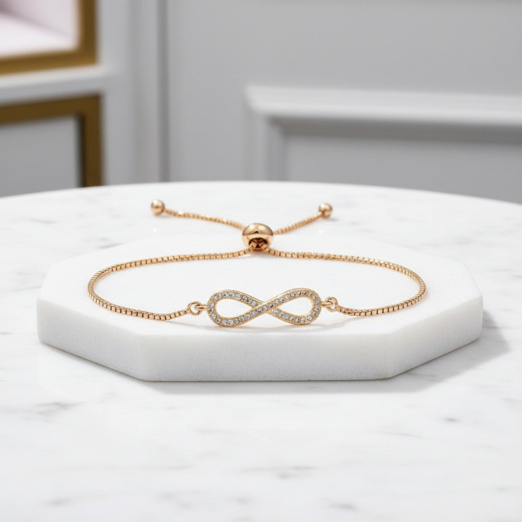 CUBIC ZIRCONIA COLLECTION - ADJUSTABLE CRYSTAL INFINITY BRACELET - ROSE GOLD (BRA25)