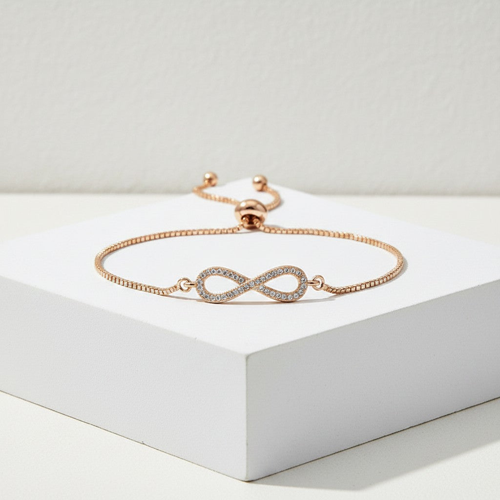 CUBIC ZIRCONIA COLLECTION - ADJUSTABLE CRYSTAL INFINITY BRACELET - ROSE GOLD (BRA25)