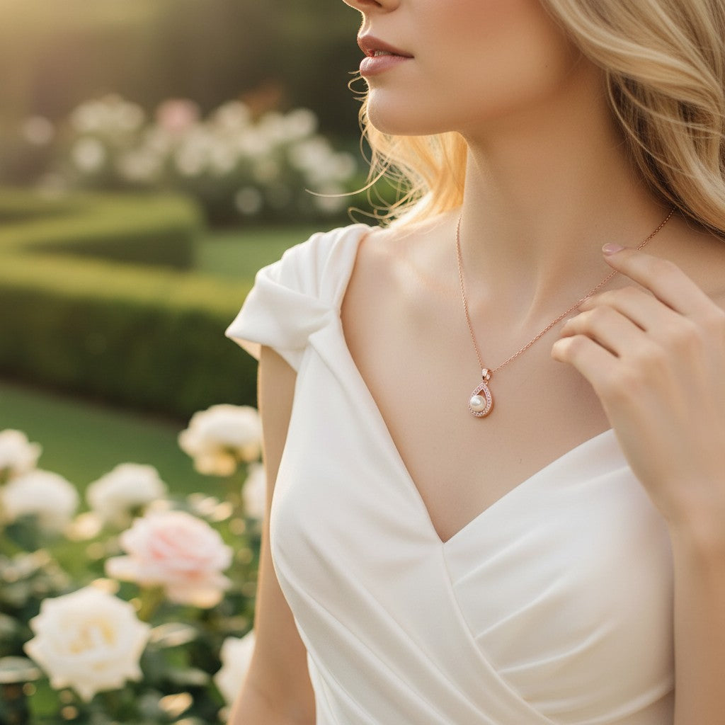 CUBIC ZIRCONIA COLLECTION -PRECIOUS PEARL NECKLACE CZNK59 (ROSE GOLD)