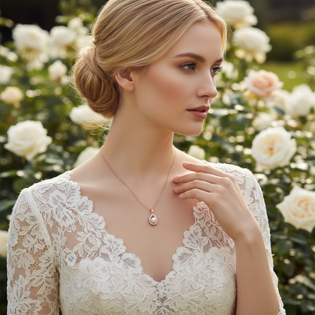 CUBIC ZIRCONIA COLLECTION -PRECIOUS PEARL NECKLACE CZNK59 (ROSE GOLD)