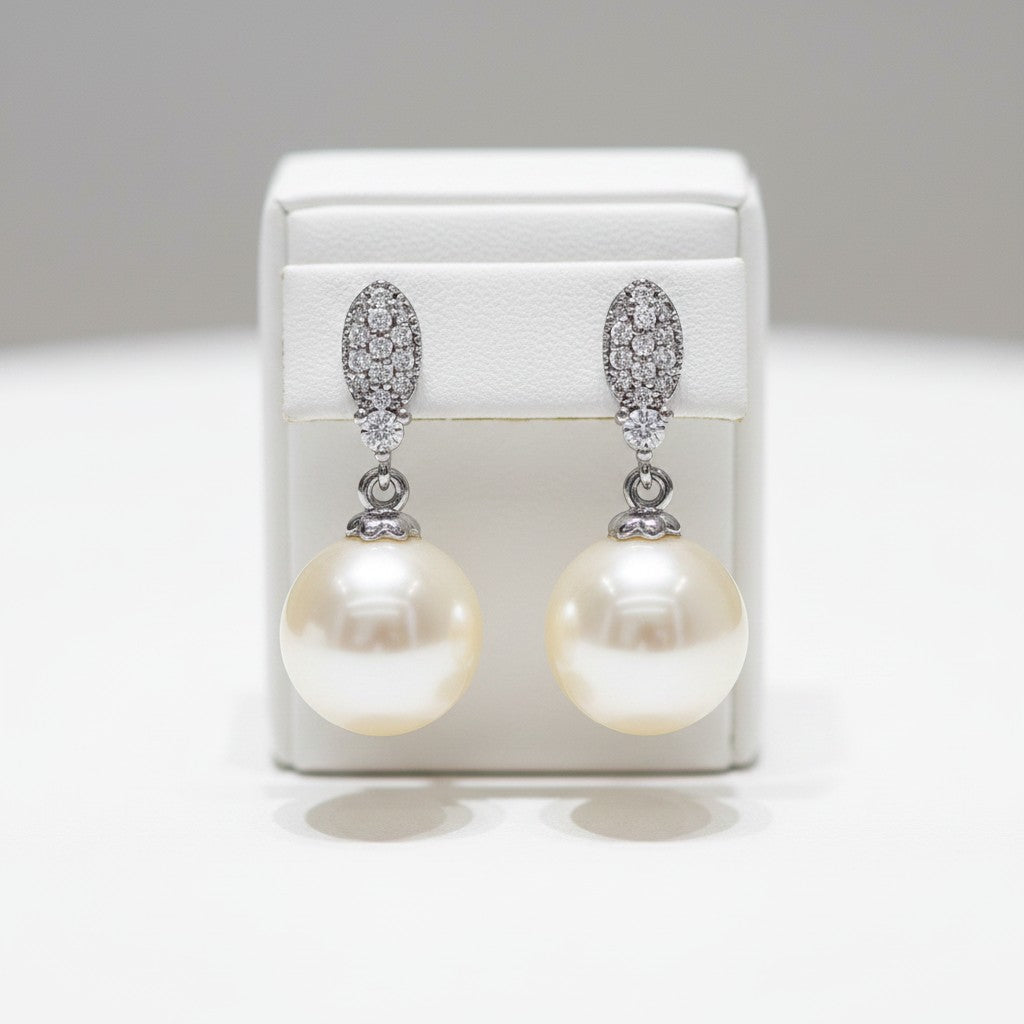 CUBIC ZIRCONIA COLLECTION - DAINTY PEARL DROP EARRINGS - CZER427
