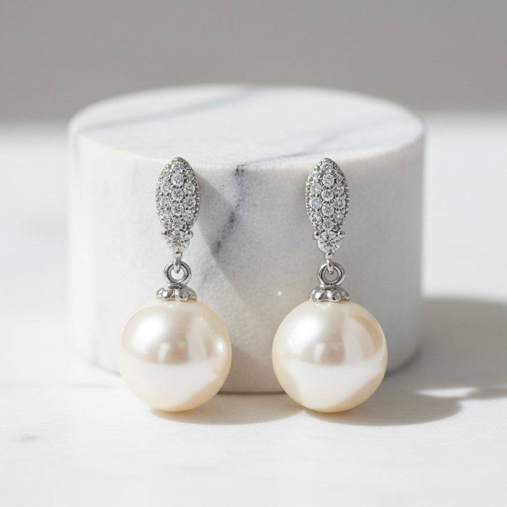 CUBIC ZIRCONIA COLLECTION - DAINTY PEARL DROP EARRINGS - CZER427