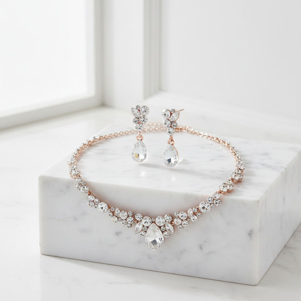 ATHENA COLLECTION - CRYSTAL ENCHANTMENT NECKLACE SET - ROSE GOLD (NK166)