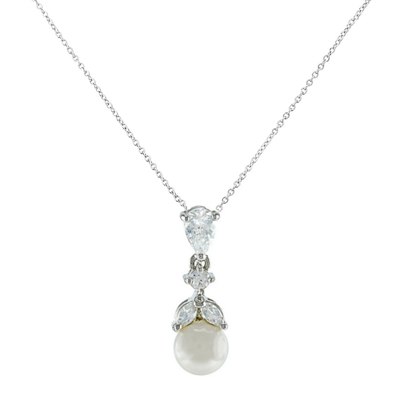 CUBIC ZIRCONIA COLLECTION - GRACEFUL PEARL NECKLACE- SILVER (CZNK76)