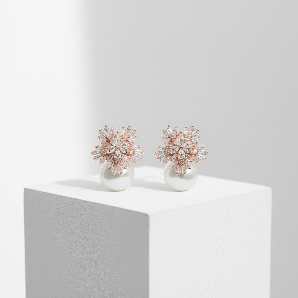 CUBIC ZIRCONIA COLLECTION - PEARL EXTRAVAGANCE EARRINGS - CZER426 (ROSE GOLD)