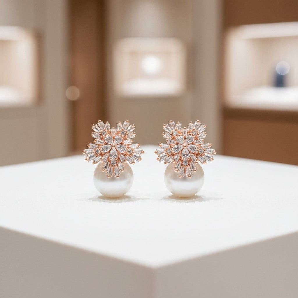 CUBIC ZIRCONIA COLLECTION - PEARL EXTRAVAGANCE EARRINGS - CZER426 (ROSE GOLD)