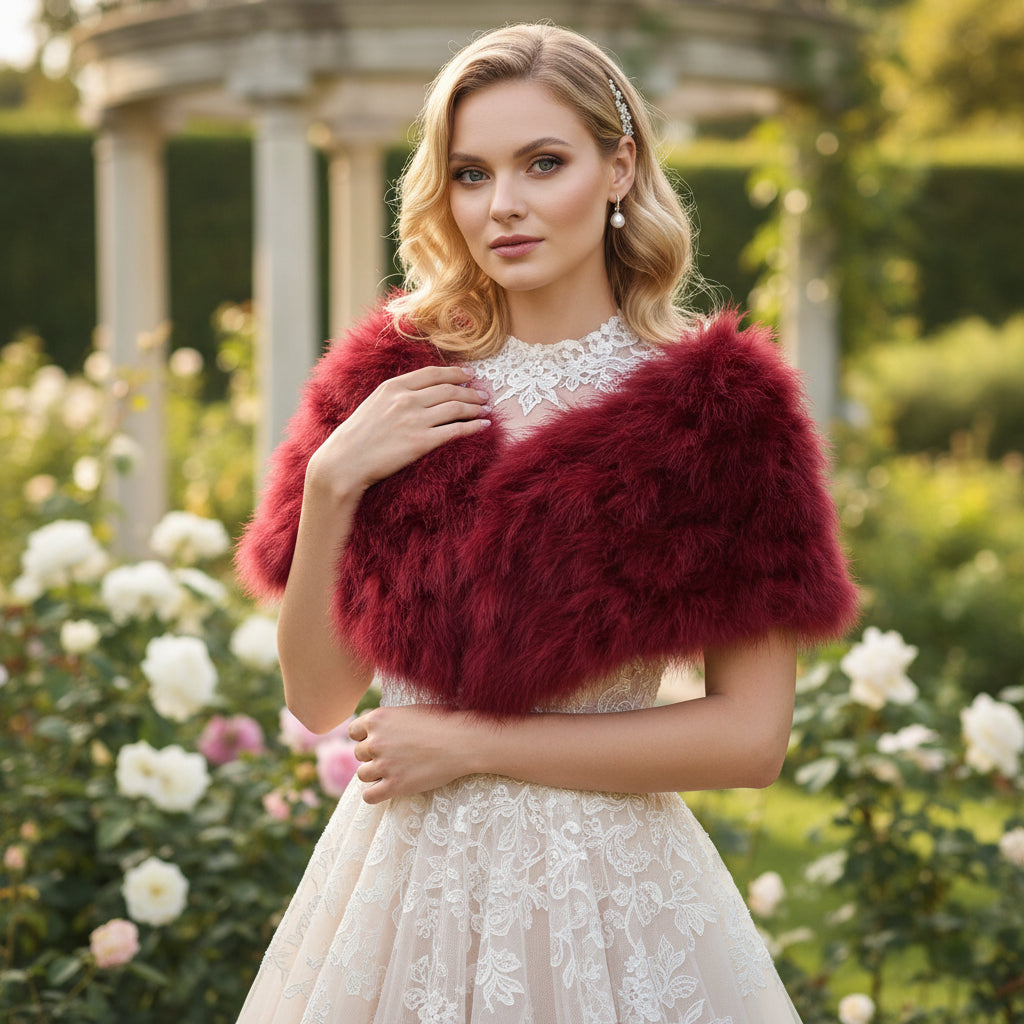 VINTAGE INSPIRED MARABOU FEATHER STOLE - WINE (SG1) RIBBON FASTENING