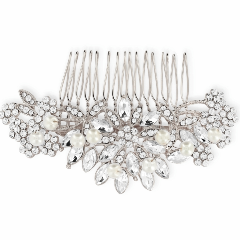 ATHENA COLLECTION - CLASSIC PEARL HAIR COMB - HC162 SILVER