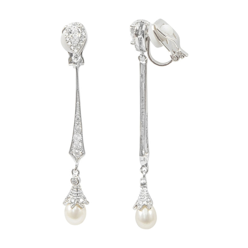 CUBIC ZIRCONIA COLLECTION - GLITZY PEARL CLIP ON EARRINGS - CZER446 (CLIP-ON)