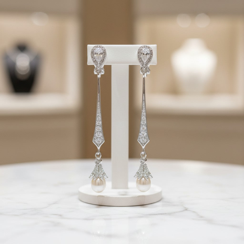 CUBIC ZIRCONIA COLLECTION - GLITZY PEARL CLIP ON EARRINGS - CZER446 (CLIP-ON)