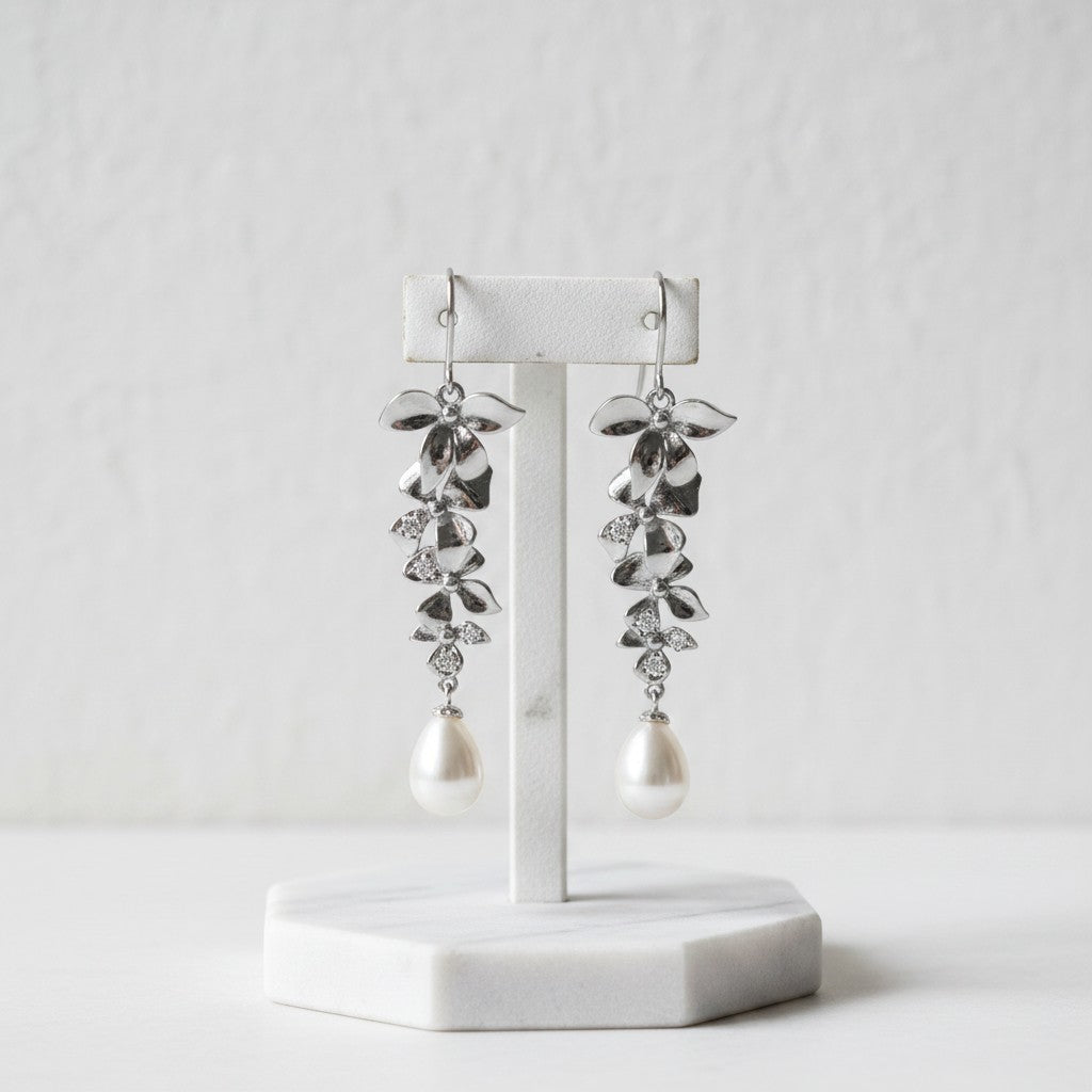 ATHENA COLLECTION - DELICATE ORCHID CHANDELIER EARRINGS - CZER455 SILVER