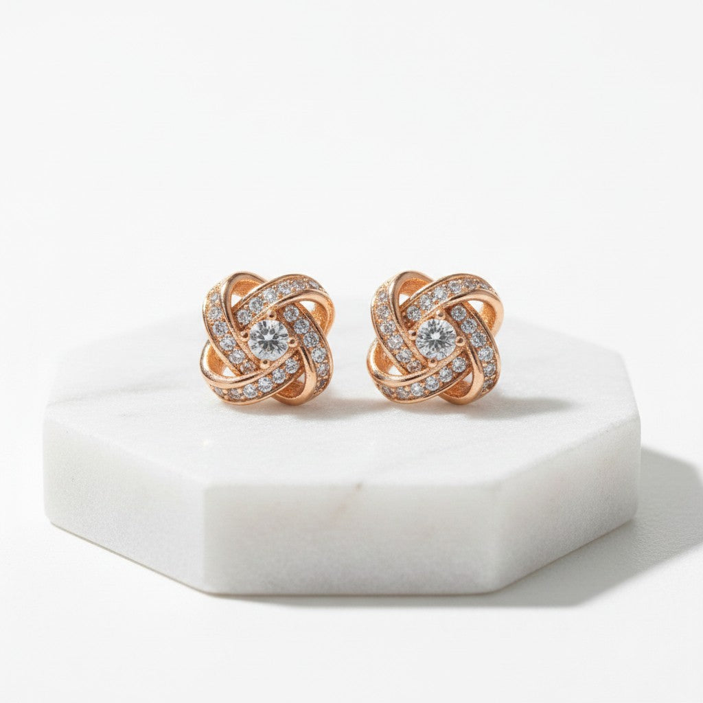ATHENA COLLECTION - CRYSTAL KNOT BRIDAL EARRINGS - (CZER457) ROSE GOLD