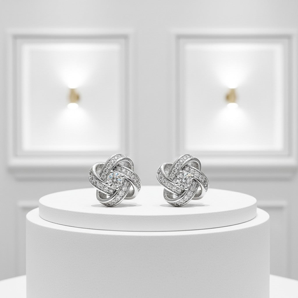 ATHENA COLLECTION - CRYSTAL KNOT BRIDAL EARRINGS - (CZER457) SILVER