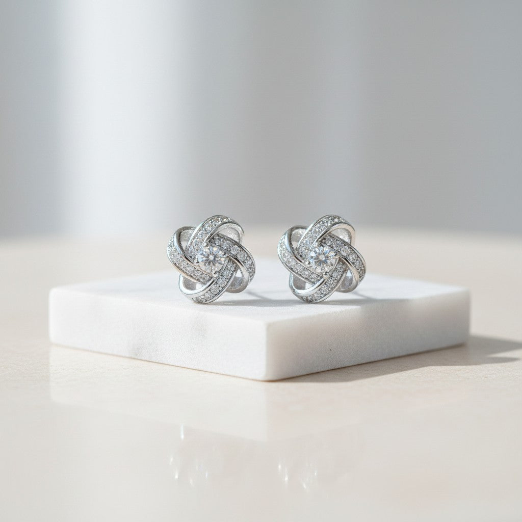 ATHENA COLLECTION - CRYSTAL KNOT BRIDAL EARRINGS - (CZER457) SILVER