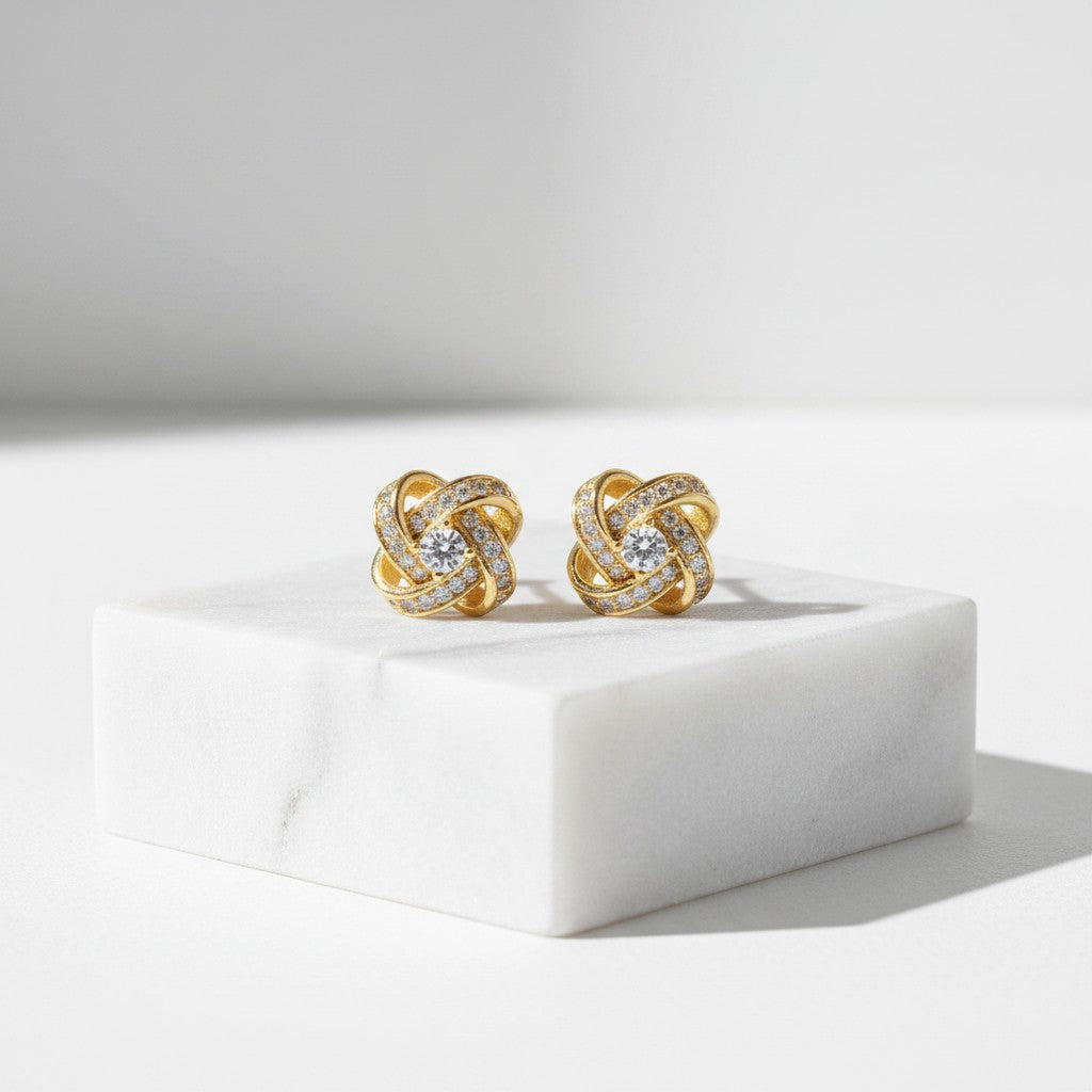 ATHENA COLLECTION - CRYSTAL KNOT BRIDAL EARRINGS - (CZER457)  GOLD