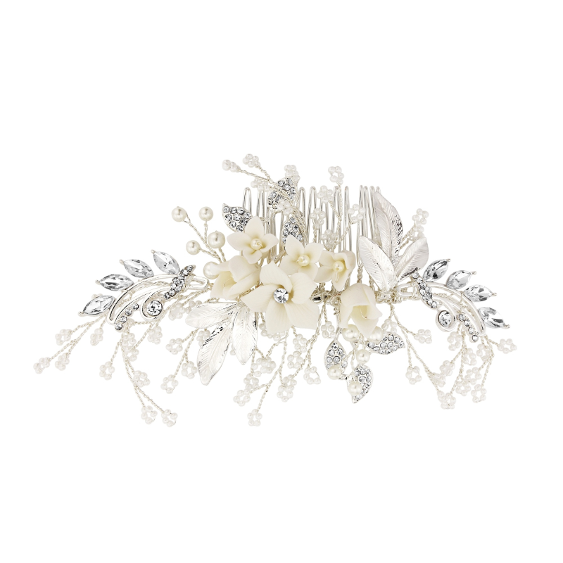 ATHENA COLLECTION -EXQUISITE FLORAL EMBELLISHED HAIR COMB - SILVER - HC173