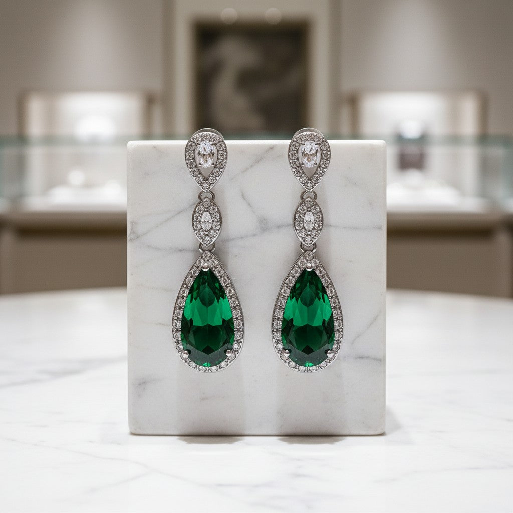 CUBIC ZIRCONIA COLLECTION - CRYSTAL SPLENDOUR EARRINGS - CZER393 EMERALD GREEN