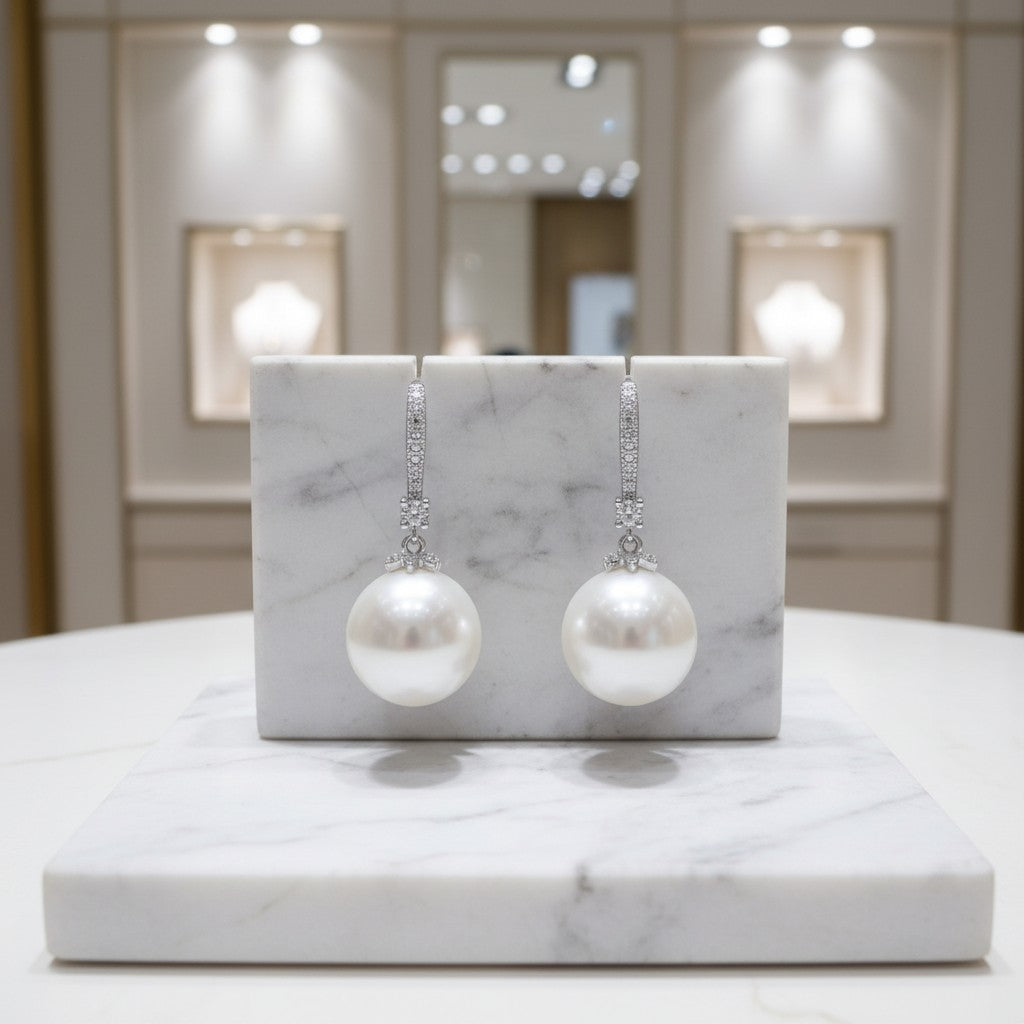 CUBIC ZIRCONIA COLLECTION - CLASSIC PEARL DROP EARRINGS - CZER394