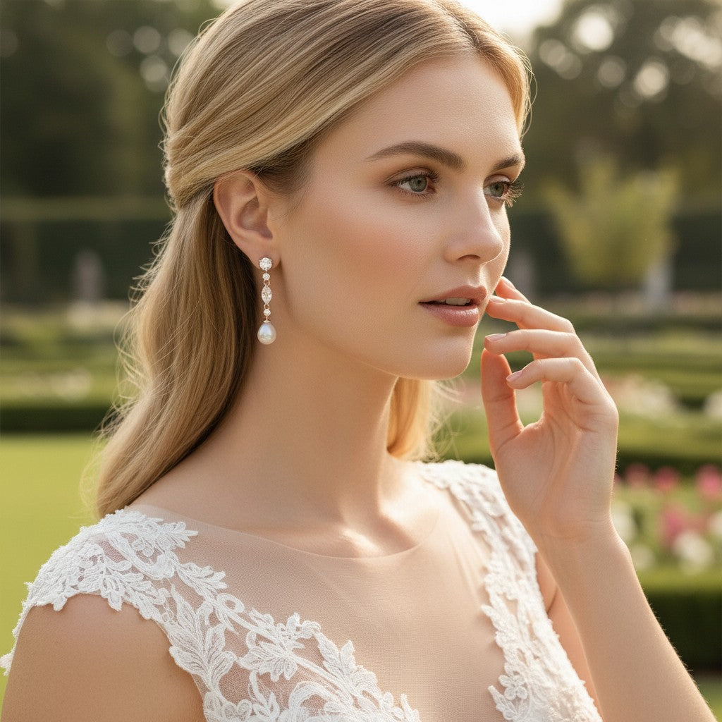 CUBIC ZIRCONIA COLLECTION - GLAM PEARL DROP EARRINGS - CZER363 ROSE GOLD