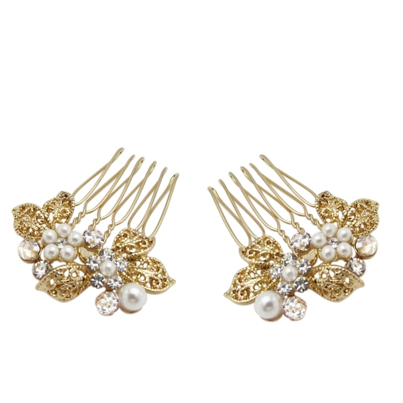 ATHENA COLLECTION - PAIR MINI VINTAGE HAIR COMBS - HC178 GOLD