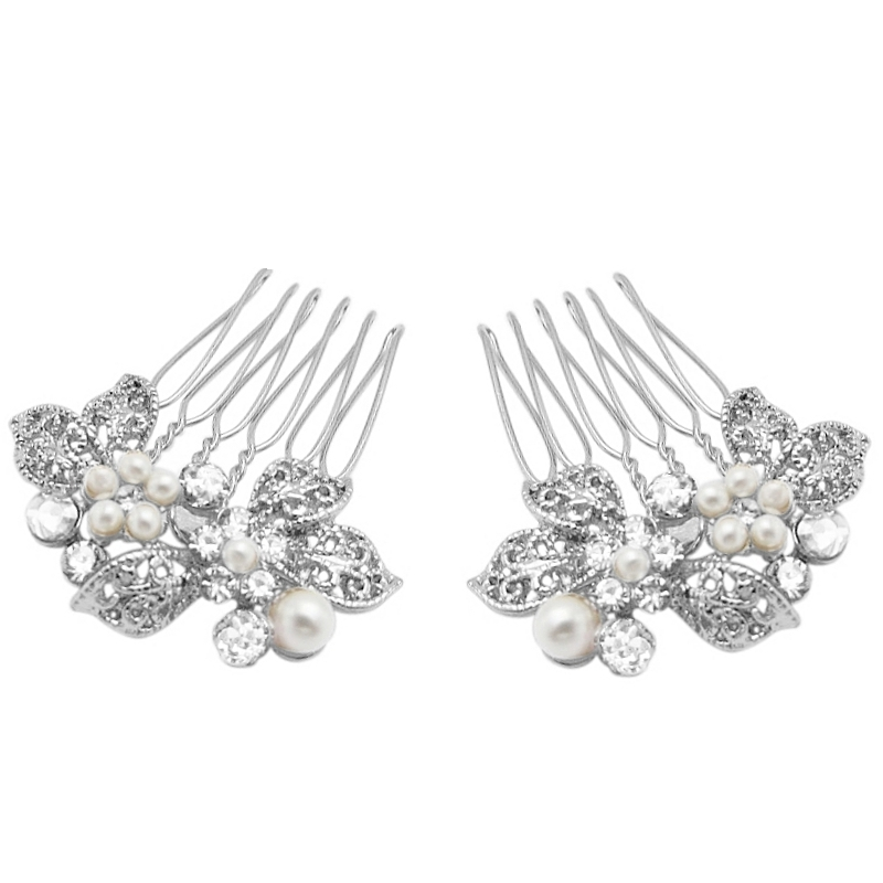 ATHENA COLLECTION - PAIR MINI VINTAGE HAIR COMBS - HC178 SILVER