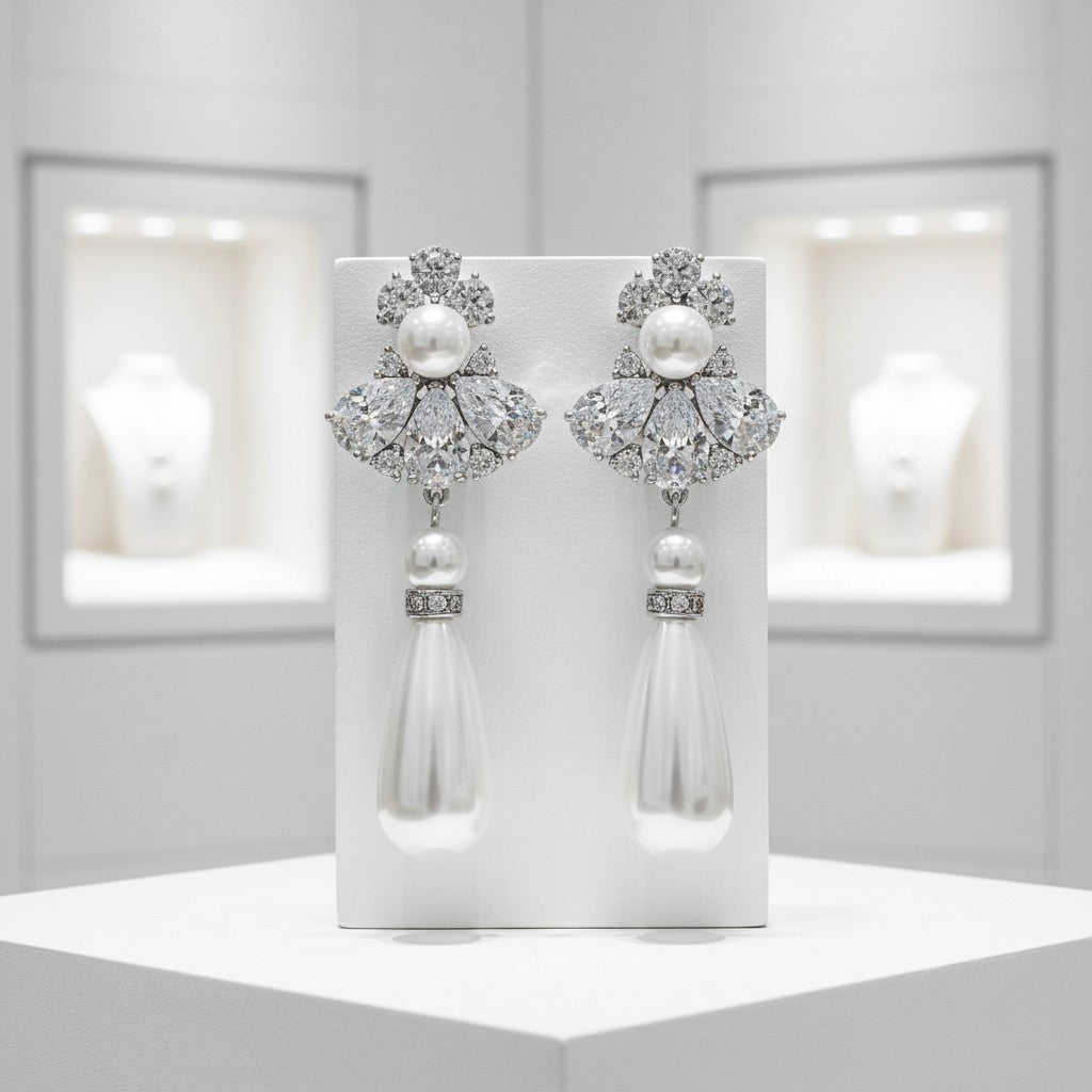 CUBIC ZIRCONIA COLLECTION - BEJEWELLED PEARL DROP EARRINGS - CLIP ON - CZER467- SILVER