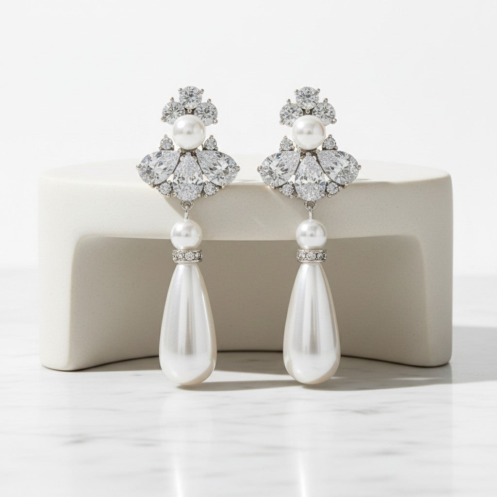 CUBIC ZIRCONIA COLLECTION - BEJEWELLED PEARL DROP EARRINGS - CLIP ON - CZER467- SILVER