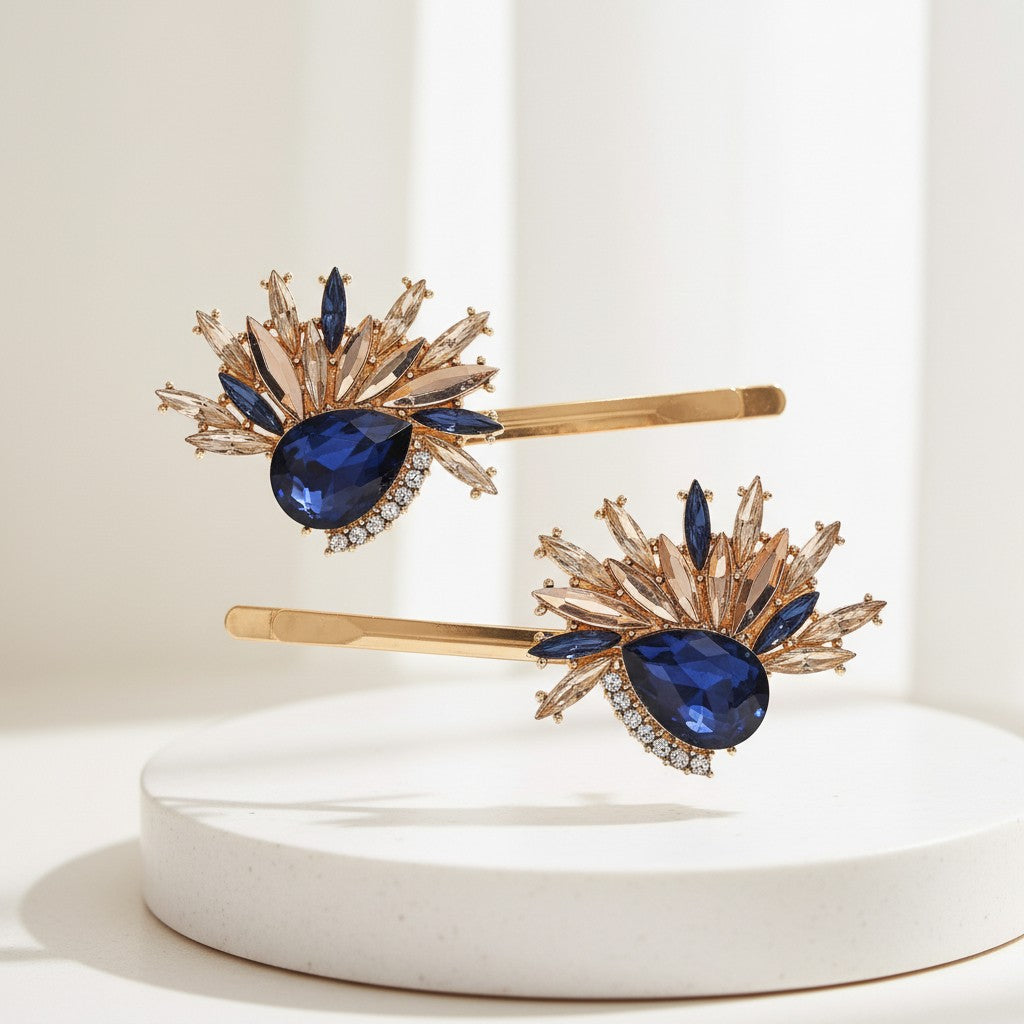 ATHENA COLLECTION - GATSBY STYLE CRYSTAL CLIPS - (CLIP748) SAPPHIRE