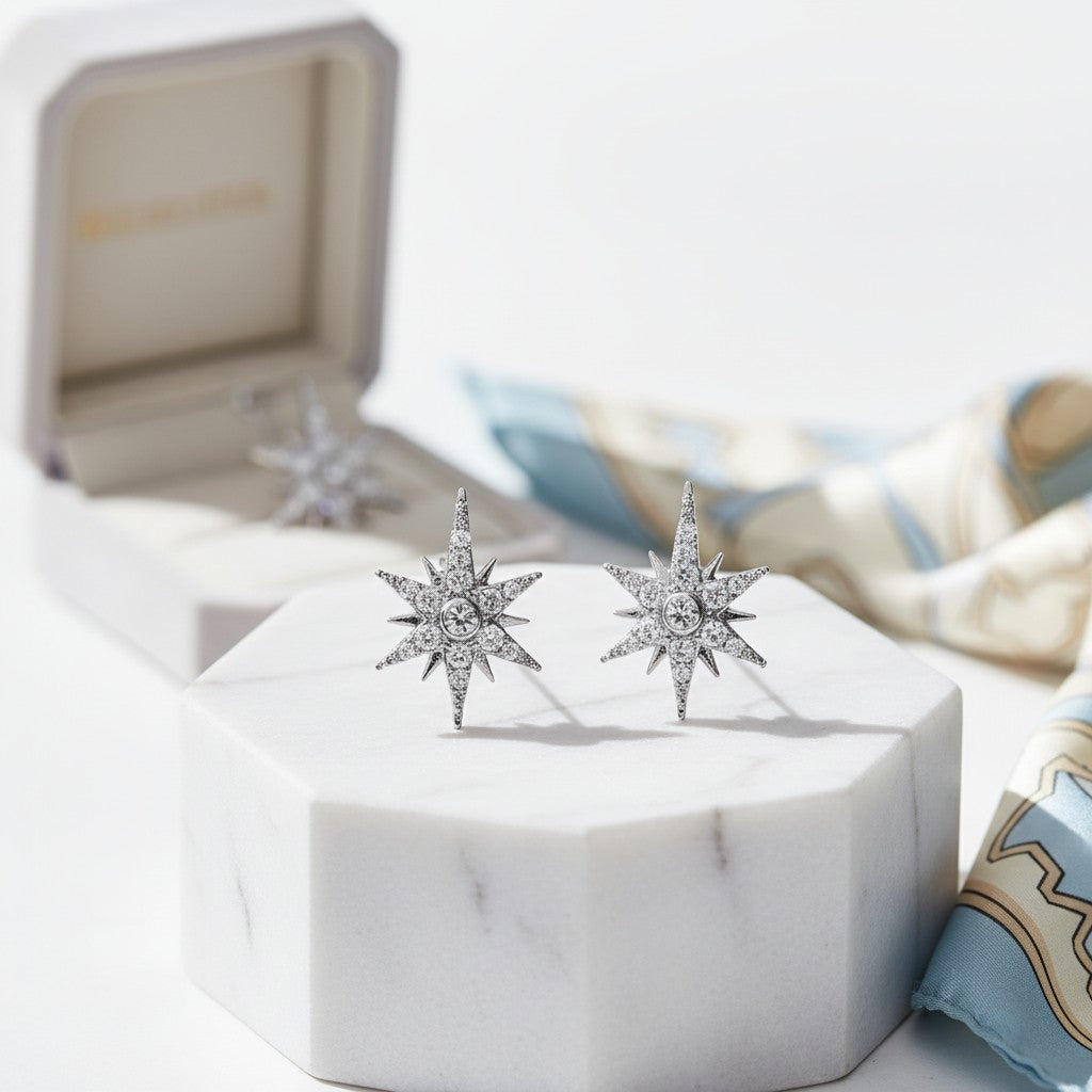 ATHENA COLLECTION - STARBURST EARRINGS - SILVER (CZER471)