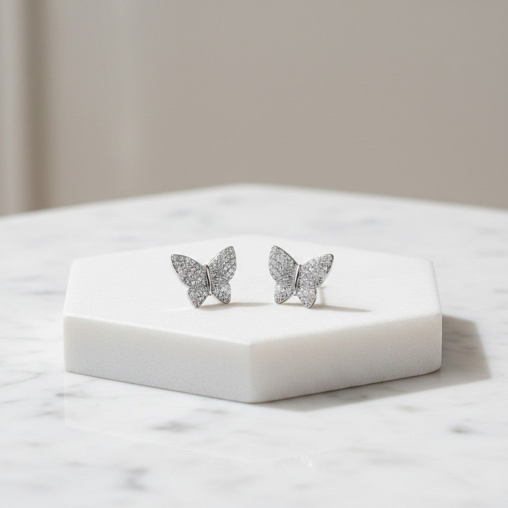 CUBIC ZIRCONIA COLLECTION - CRYSTAL BUTTERFLY EARRINGS - (CZER473) SILVER