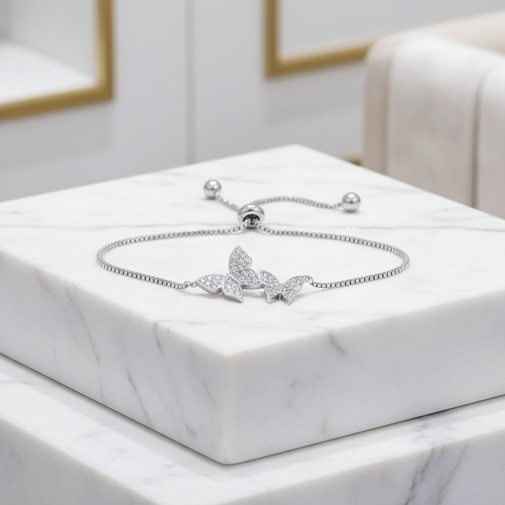 CUBIC ZIRCONIA COLLECTION - BEJEWELLED BUTTERFLY BRACELET - (CZBRA34) SILVER