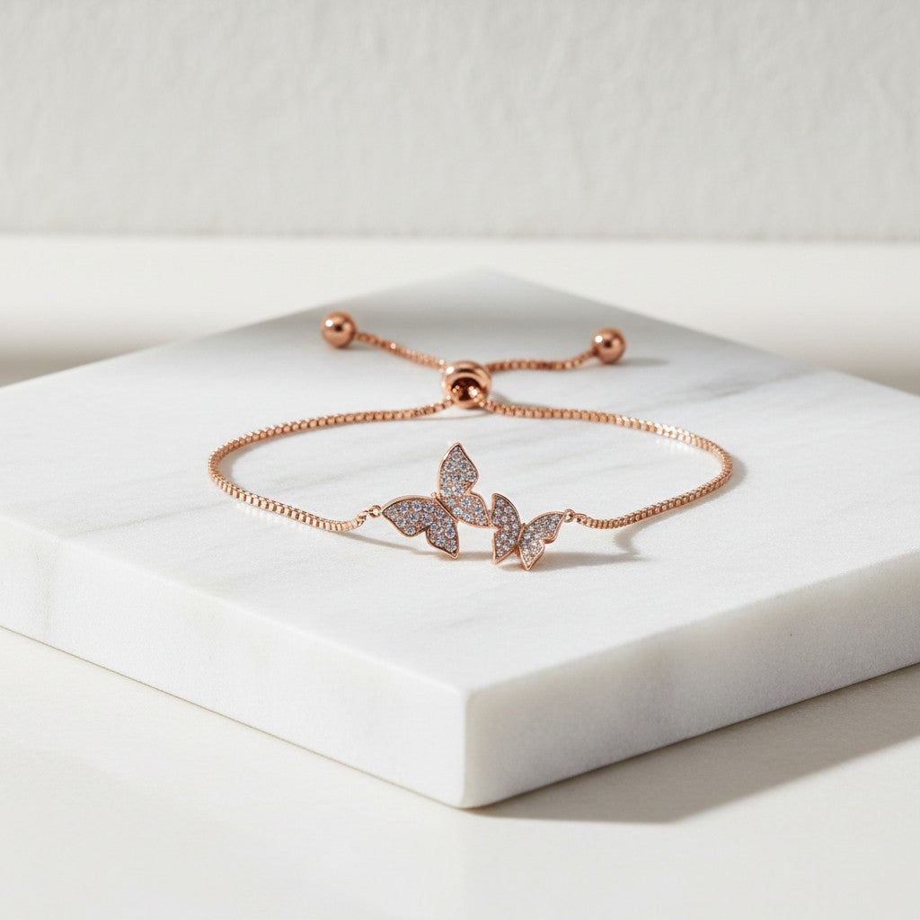 CUBIC ZIRCONIA COLLECTION - BEJEWELLED BUTTERFLY BRACELET - (CZBRA34) ROSE GOLD