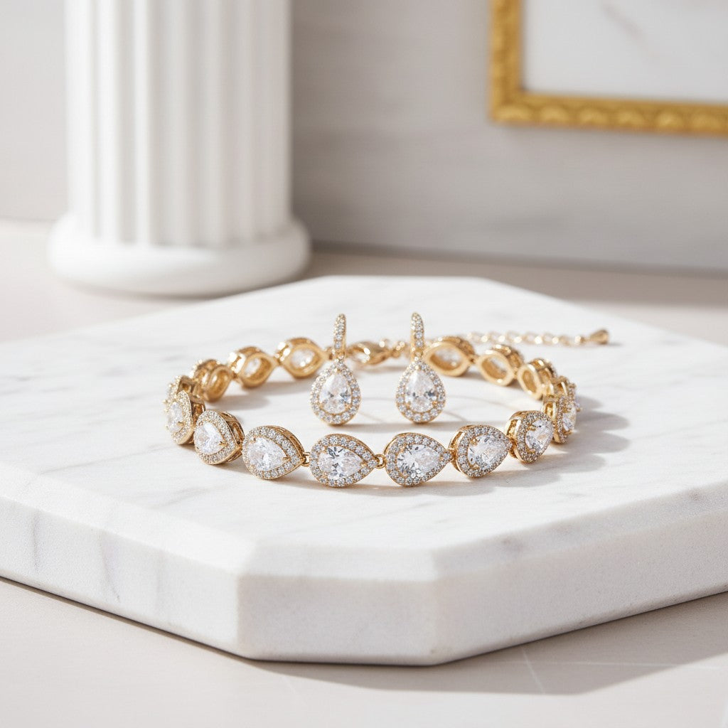 CUBIC ZIRCONIA COLLECTION - CRYSTAL TEARDROP BRACELET SET -BRA36 GOLD